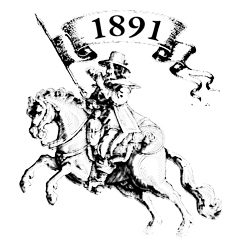Blumen Ritter - seit 1891. Die Abbildung zeigt einen Reiter mit Fahne und ist eine Collage